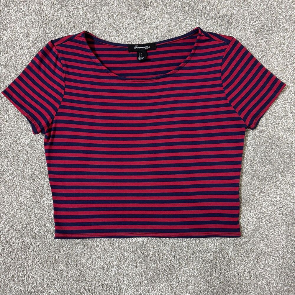 Forever 21 Shirt Womens Large Red Blue Striped Cropped Baby Tee Short Sleeve